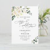 Elegante Eucalyptus White Roses Floral Wedding Save The Date (Stehend Vorderseite)