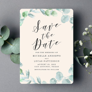 Elegante Eucalyptus Wreath Cream Save the Date Car Einladung