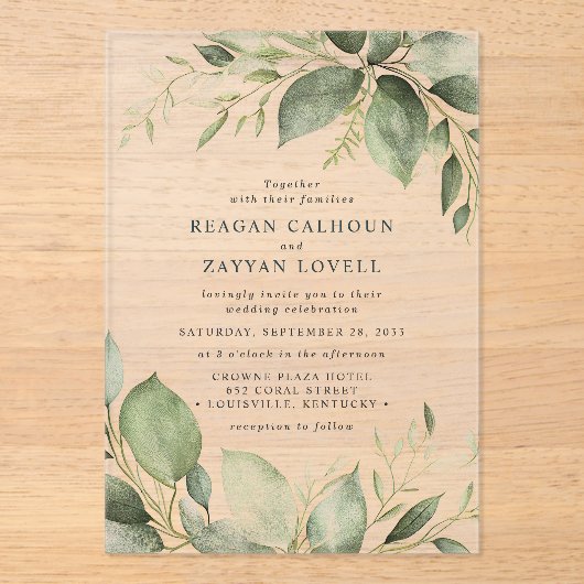 Elegante Eukalyptus-Blätter Moderne Hochzeiten Acryleinladungen (Vorderseite)