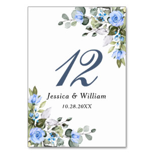 Elegante Eukalyptus Blaue Rosen Florale Hochzeit Tischnummer