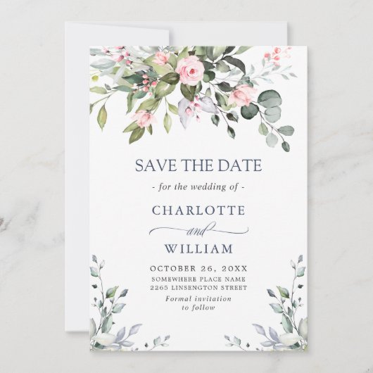 Elegante Eukalyptus Blush Rose Blumenhochzeit Save The Date (Vorderseite)