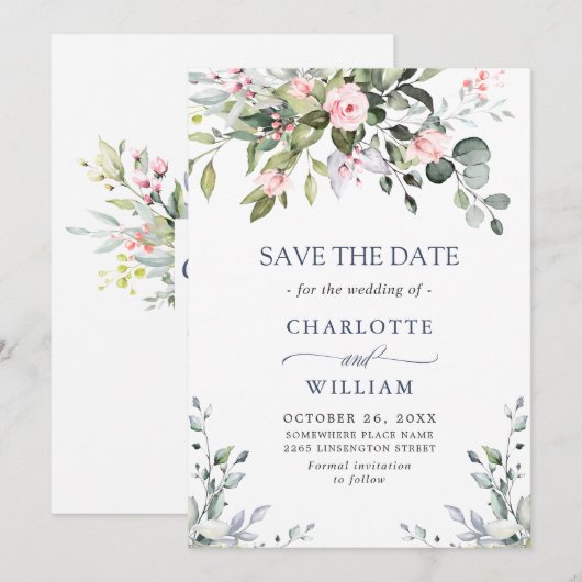Elegante Eukalyptus Blush Rose Blumenhochzeit Save The Date (Vorne/Hinten)