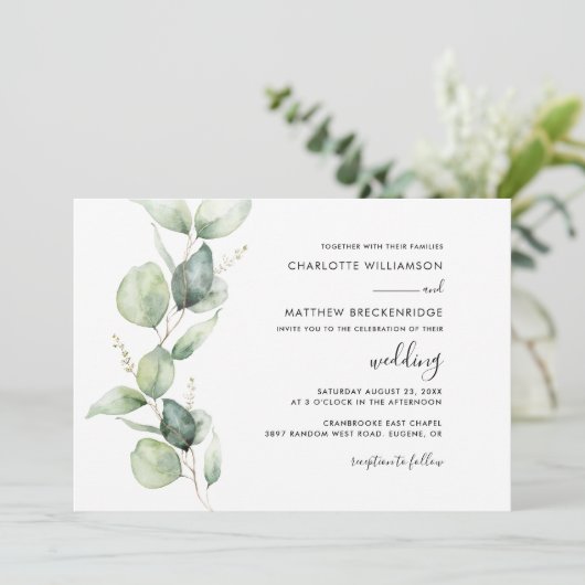 Elegante Eukalyptus Botanische Hochzeit Einladung (Stehend Vorderseite)