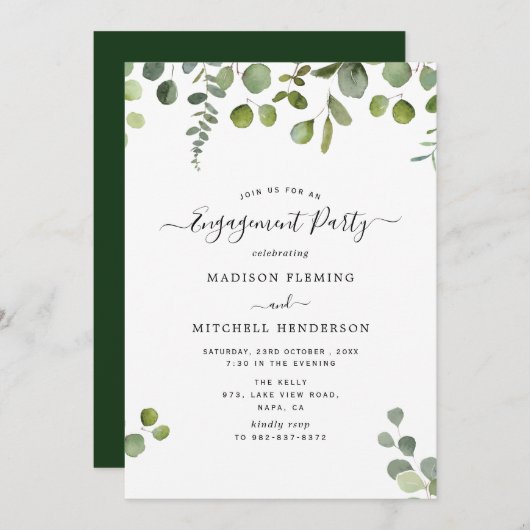 Elegante Eukalyptus-Engagement-Partei Einladung (Vorne/Hinten)