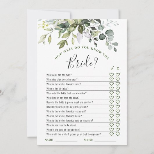 Elegante Eukalyptus Floral Brautparty Game Card Einladung (Vorderseite)