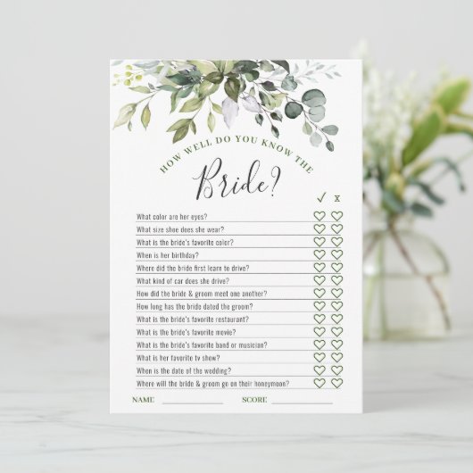 Elegante Eukalyptus Floral Brautparty Game Card Einladung (Stehend Vorderseite)