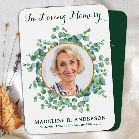 Elegante Eukalyptus-Foto Beerdigungskarte