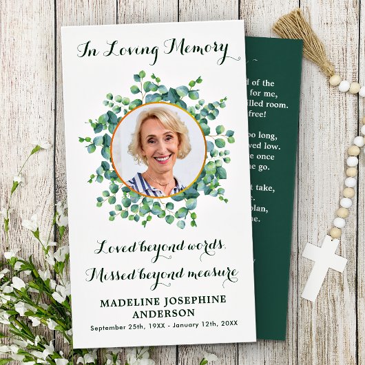 Elegante Eukalyptus Gedenkkarte Beerdigungskarte Telefonnummerkarte