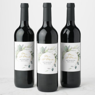 Elegante Eukalyptus-Grün Gold Herr & Frau Wein Weinetikett