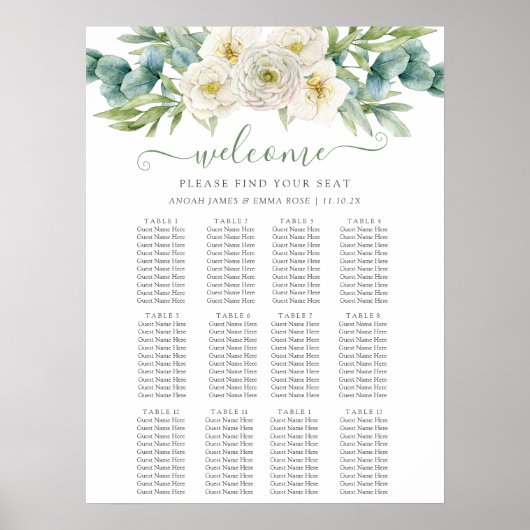 Elegante Eukalyptus-Grün-Hochzeits-Sitzplan Poster (Vorne)
