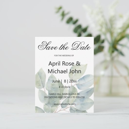 Elegante Eukalyptus-Hochzeit Save The Date (Stehend Vorderseite)