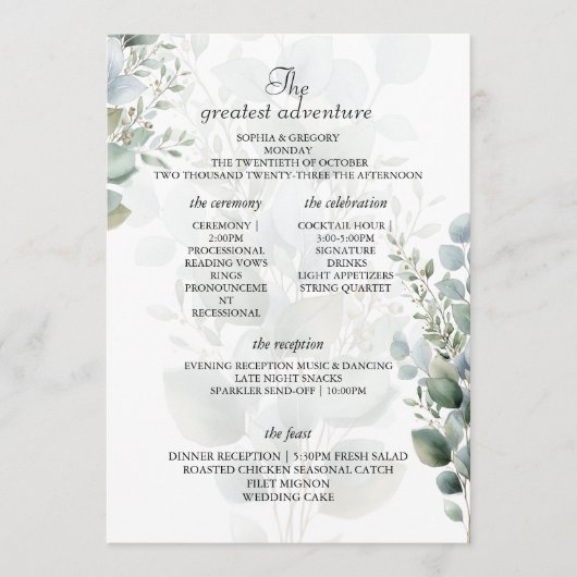 Elegante Eukalyptus-Hochzeitsprogramm-Itinerary-Ka Programm (Vorderseite)