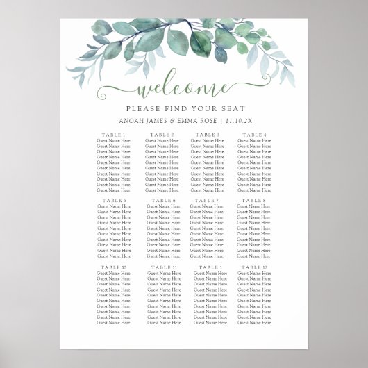 Elegante Eukalyptus-Hochzeitssitzplan Poster (Vorne)