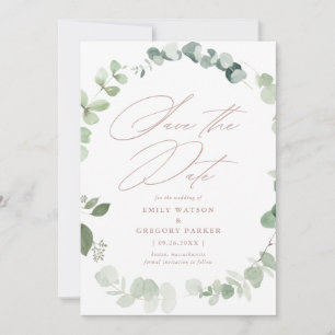 Elegante Eukalyptus-Kalligrafie Dusty-Rose Hochzei Save The Date