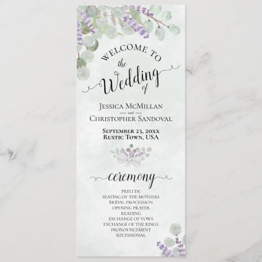 Elegante Eukalyptus & Lavender Watercolor Wedding Programm (Vorderseite)