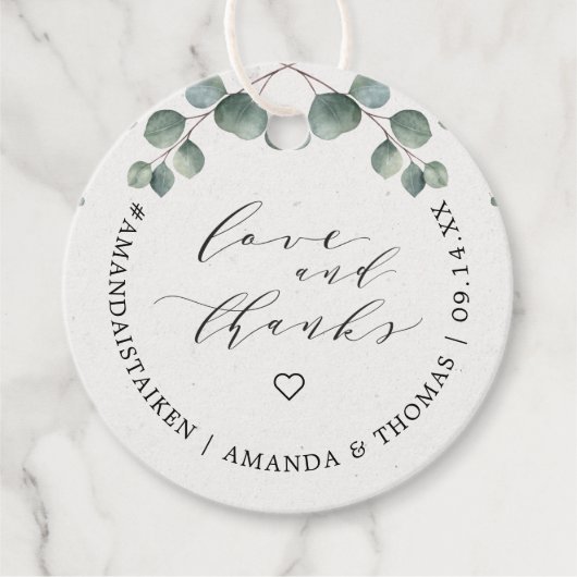 Elegante Eukalyptus-Liebe & Dank Monogram Geschenkanhänger (Vorderseite)