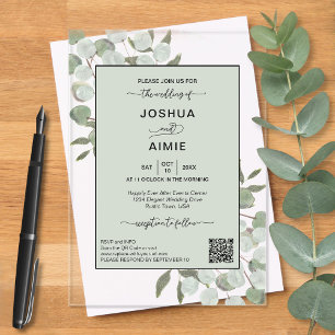 Elegante Eukalyptus-Moderne QR-Code-Hochzeit Acryleinladungen