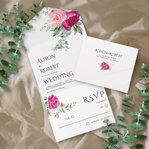 Elegante Eukalyptus-, rosa Rosenblüten-Hochzeit All In One Einladung