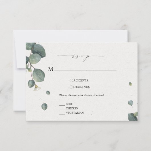 Elegante Eukalyptus RSVP Karte mit Optionen für di (Vorderseite)