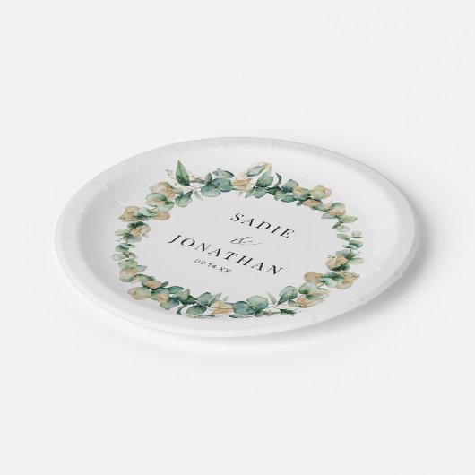 Elegante Eukalyptus Rustic Gold Botanische Hochzei Pappteller (Schrägansicht)