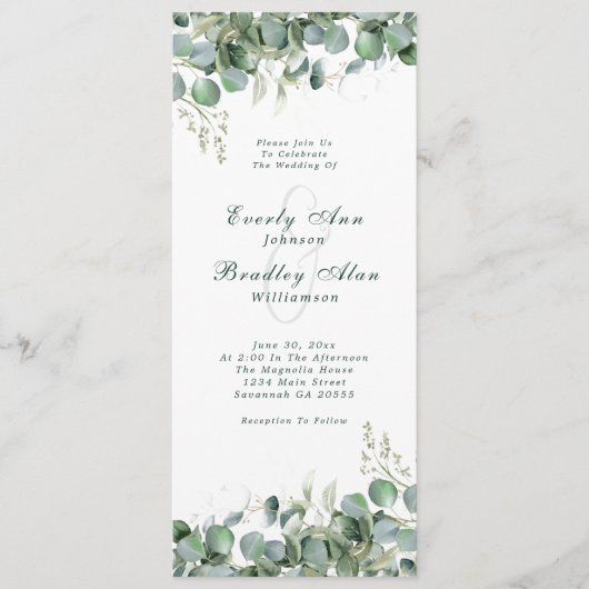 Elegante Eukalyptus Sage Grüne botanische Hochzeit Programm (Vorderseite)