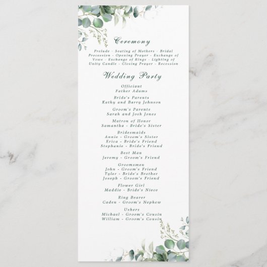 Elegante Eukalyptus Sage Grüne botanische Hochzeit Programm (Rückseite)