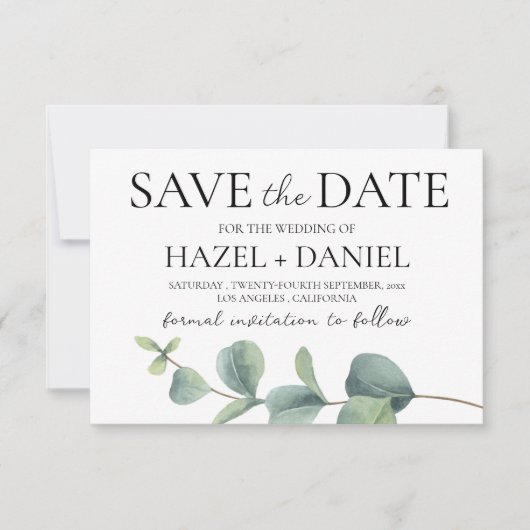 Elegante Eukalyptus Save the Date Wedding Card (Vorderseite)