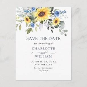 Elegante Eukalyptus-Sonnenblumen-Hochzeit Save the Postkarte