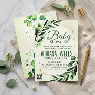 elegante Eukalyptus- und Gold-Geometrie-Baby-Party Einladung