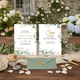 Elegante Eukalyptus- und Goldgrün-Hochzeit Einladung