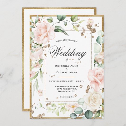 Elegante Eukalyptus Watercolor Pink Wedding Einladung (Vorne/Hinten)