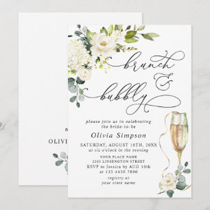 Elegante Eukalyptus Weiße Rosen Brunch & Sekt Einladung