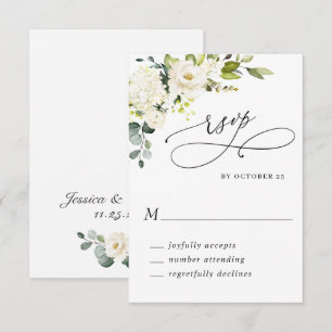 Elegante Eukalyptus Weiße Rosen Florale Hochzeit RSVP Karte