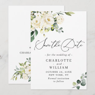 Elegante Eukalyptus Weiße Rosen Florale Hochzeit Save The Date