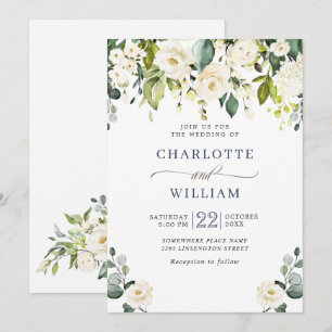 Elegante Eukalyptus Weiße Rosen Grüne Hochzeit Einladung