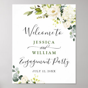 Elegante Eukalyptus White Roses Engagement Party Poster