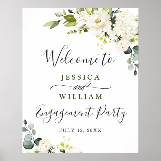 Elegante Eukalyptus White Roses Engagement Party Poster (Vorne)
