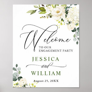 Elegante Eukalyptus White Roses Engagement Party Poster