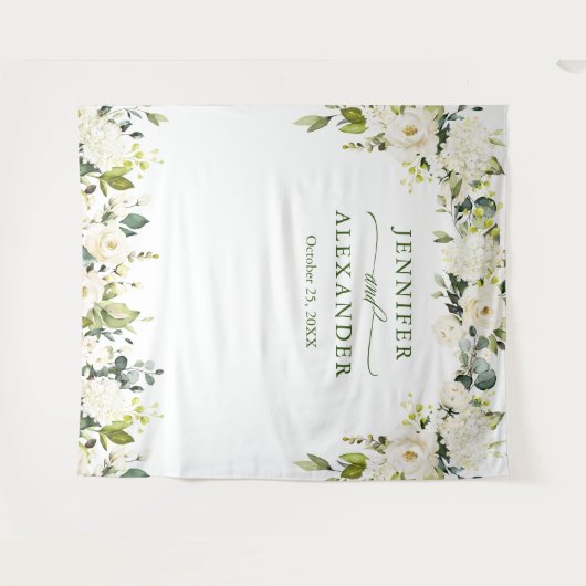 Elegante Eukalyptus White Roses Wedding Backdrop Wandteppich (Vorderseite (Horizontal))