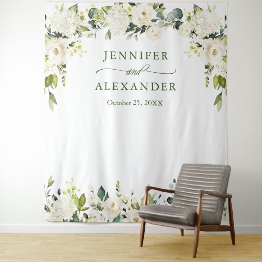 Elegante Eukalyptus White Roses Wedding Backdrop Wandteppich (Beispiel)