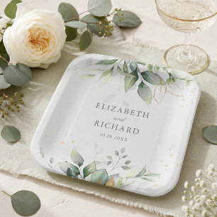 Elegante Eukalyptusblätter Grün Goldene Hochzeit Pappteller