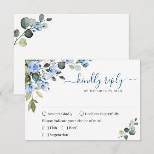 Elegante Eukalyptusblaue Rosen Hochzeitsfloristik RSVP Karte