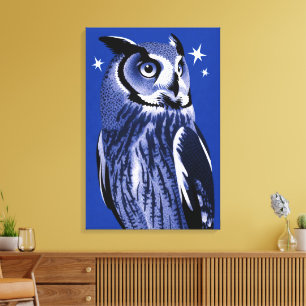 Elegante Eule Blaue Monochrome Editorische Kunst Leinwanddruck