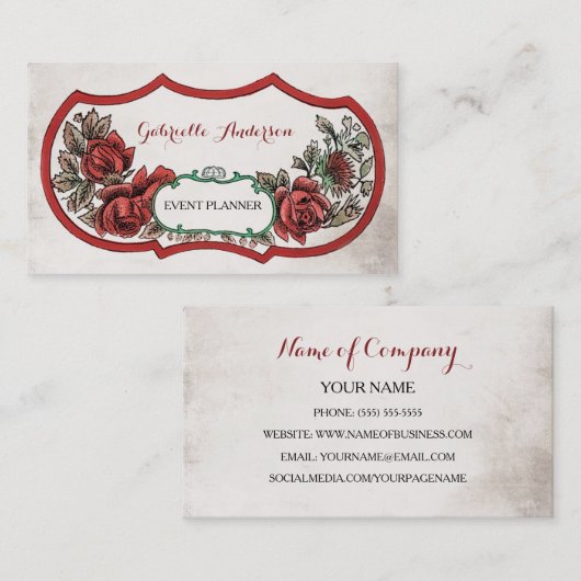 Elegante Eventplaner Vintage Rote Rose Visitenkarte (Vorne/Hinten)
