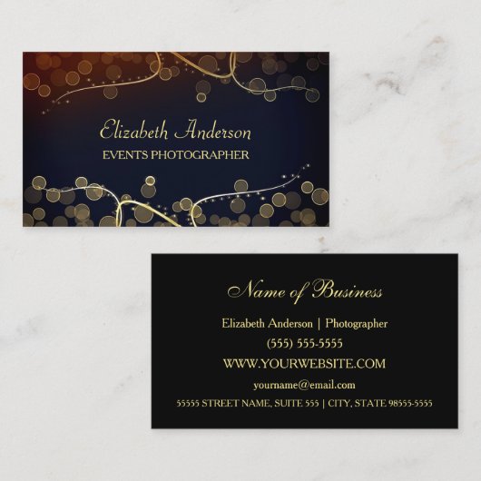 Elegante Events Fotograf Black and Gold Bokeh Visitenkarte (Vorne/Hinten)
