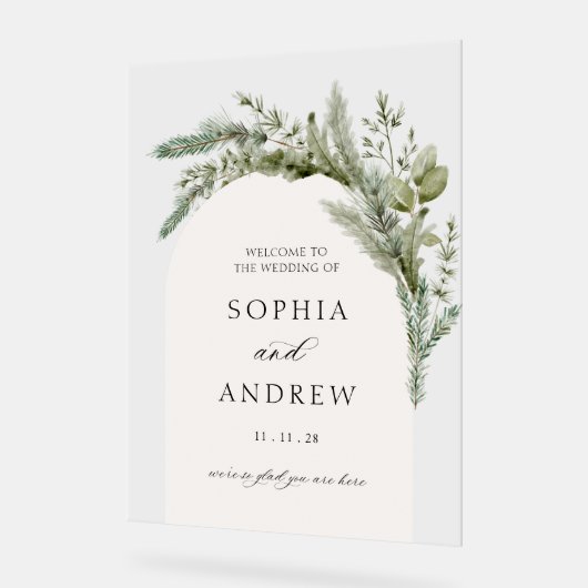 Elegante Evergreen Arch Wedding Willkommen Acrylschild (Winkel)