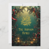 Elegante Evergreen Garland mit Familiengrüßen Einladung (Vorderseite)