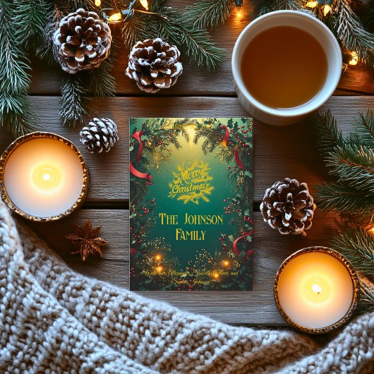 Elegante Evergreen Garland mit Familiengrüßen Einladung