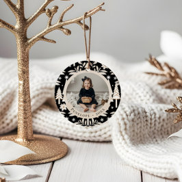 Elegante Evergreen Trees & Floral Foto Weihnachten Keramik Ornament