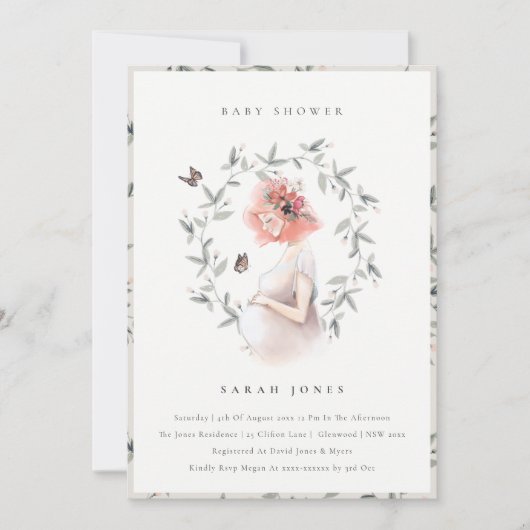 Elegante Expectant Women Foliage Baby Shower laden Dankeskarte (Vorderseite)